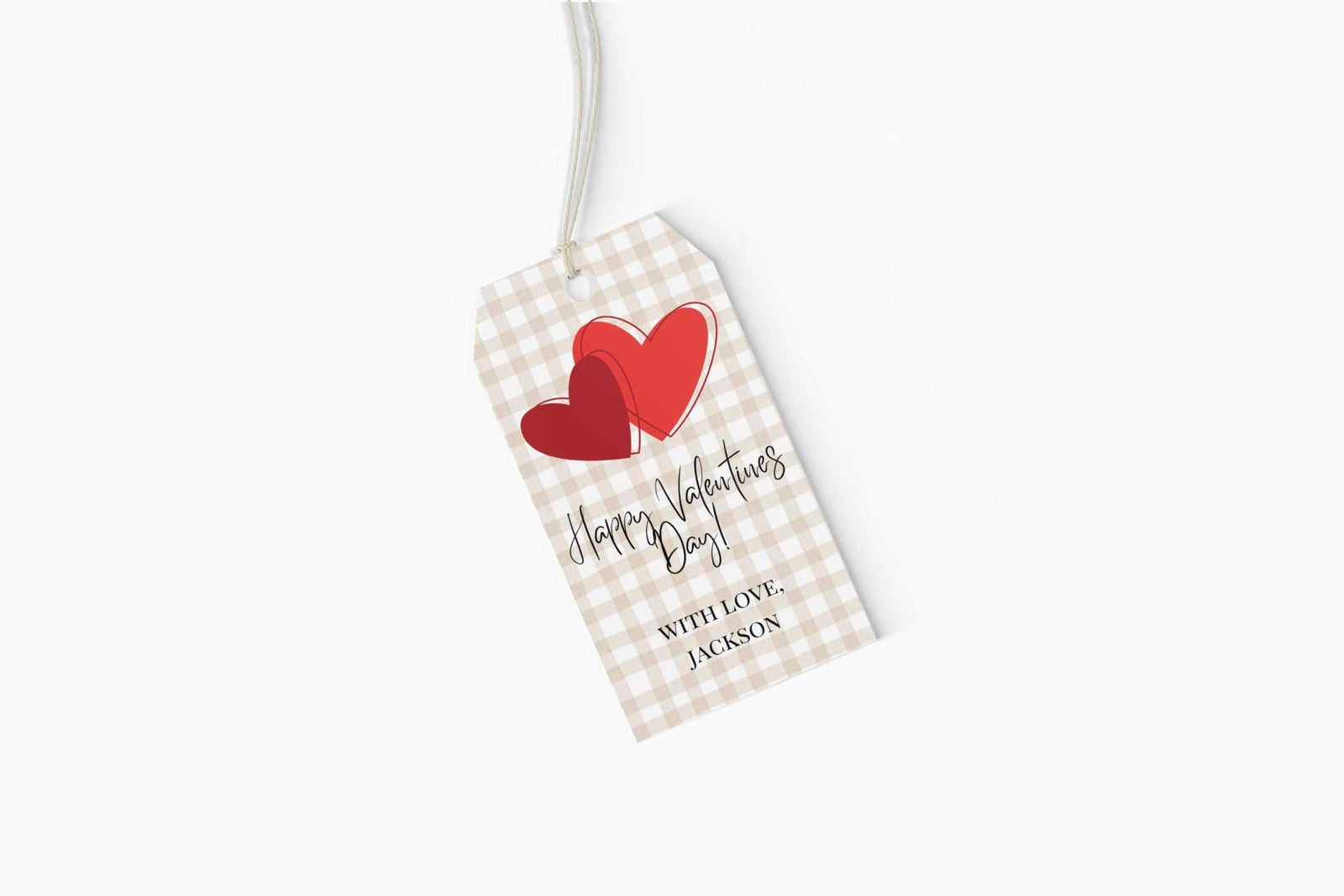 Personalized Beige Gingham Valentine&#39;s Day Gift Tags! Featuring a beige gingham pattern and heart design, these tags are perfect for both kids and adults.