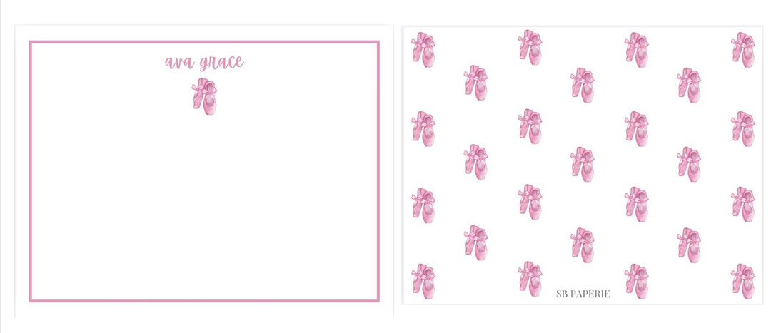 Personalized ballerina stationery set featuring double-sided note cards with a ballet slipper design, pink border, and matching pink envelopes. Perfect for girls’ gifts or thank-you notes.