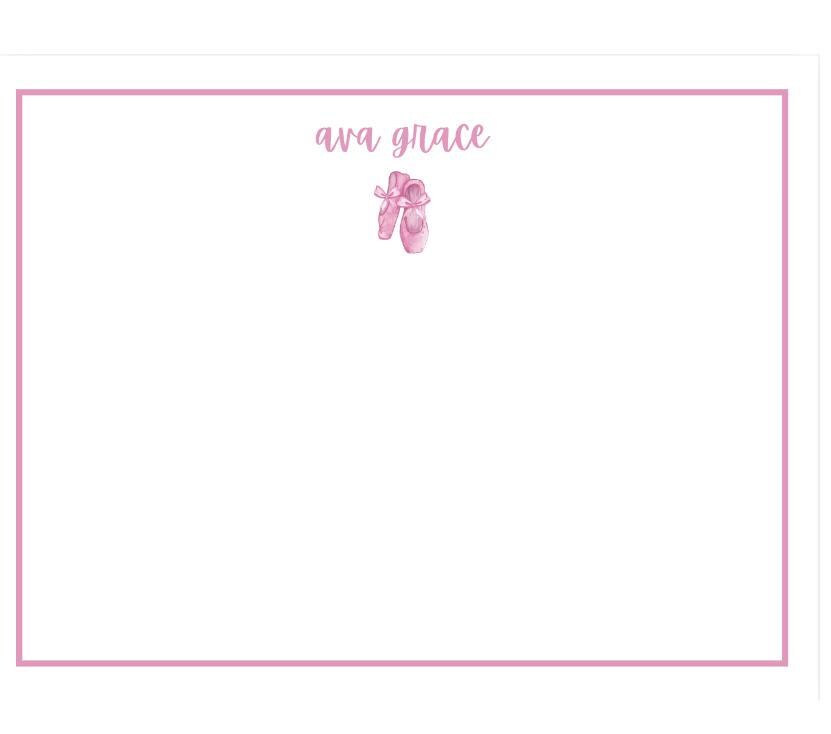 Personalized ballerina stationery set featuring double-sided note cards with a ballet slipper design, pink border, and matching pink envelopes. Perfect for girls’ gifts or thank-you notes.