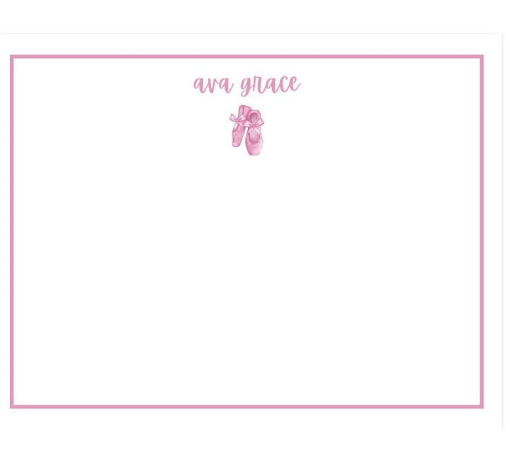 Personalized ballerina stationery set featuring double-sided note cards with a ballet slipper design, pink border, and matching pink envelopes. Perfect for girls’ gifts or thank-you notes.