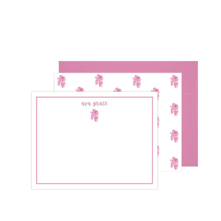 Personalized ballerina stationery set featuring double-sided note cards with a ballet slipper design, pink border, and matching pink envelopes. Perfect for girls’ gifts or thank-you notes.