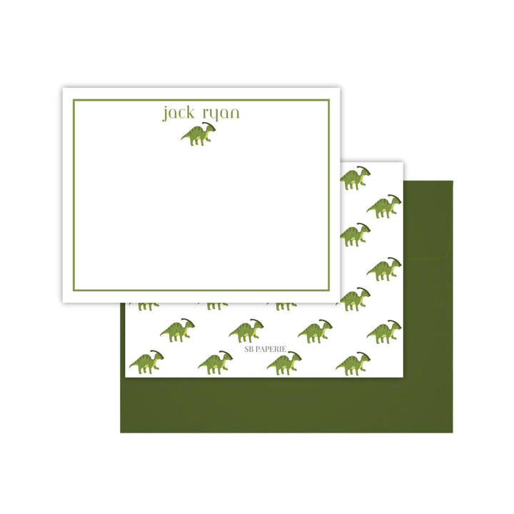 Personalized Kids Stationery - Green Dinosaur Cards with Envelopes