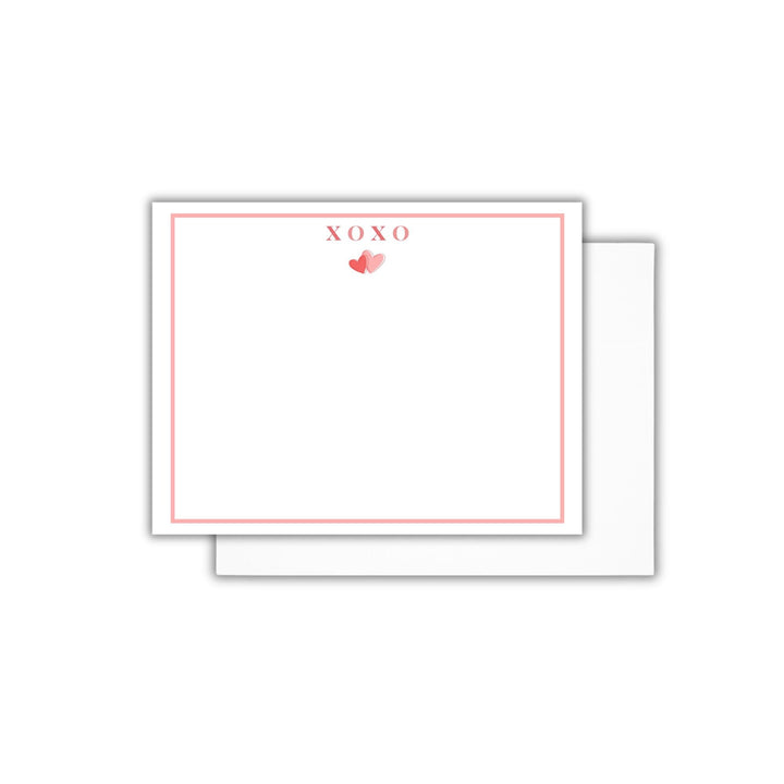 XOXO valentines day notecard theme, with pink heart graphic and pink border notecard