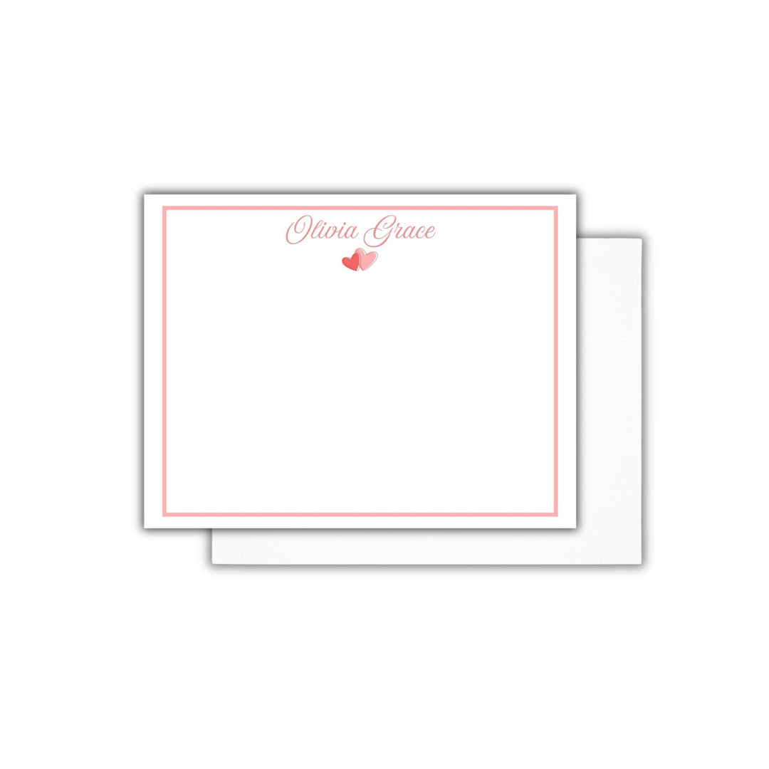 personalized valentines day notecard theme, custom name with pink heart graphic and pink border notecard