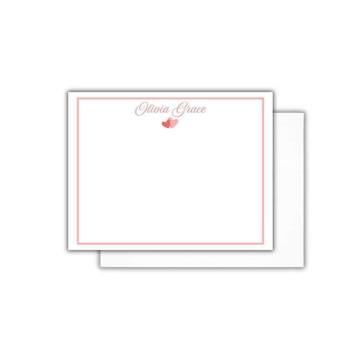 personalized valentines day notecard theme, custom name with pink heart graphic and pink border notecard