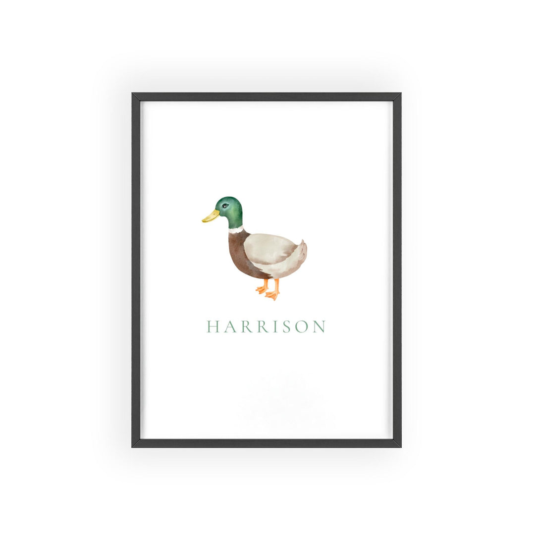 Personalized mallard duck graphic art print with wooden frame
