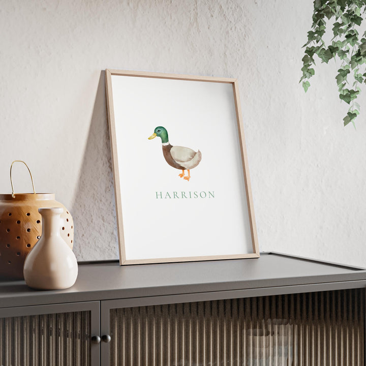 Personalized mallard duck graphic art print with wooden frame