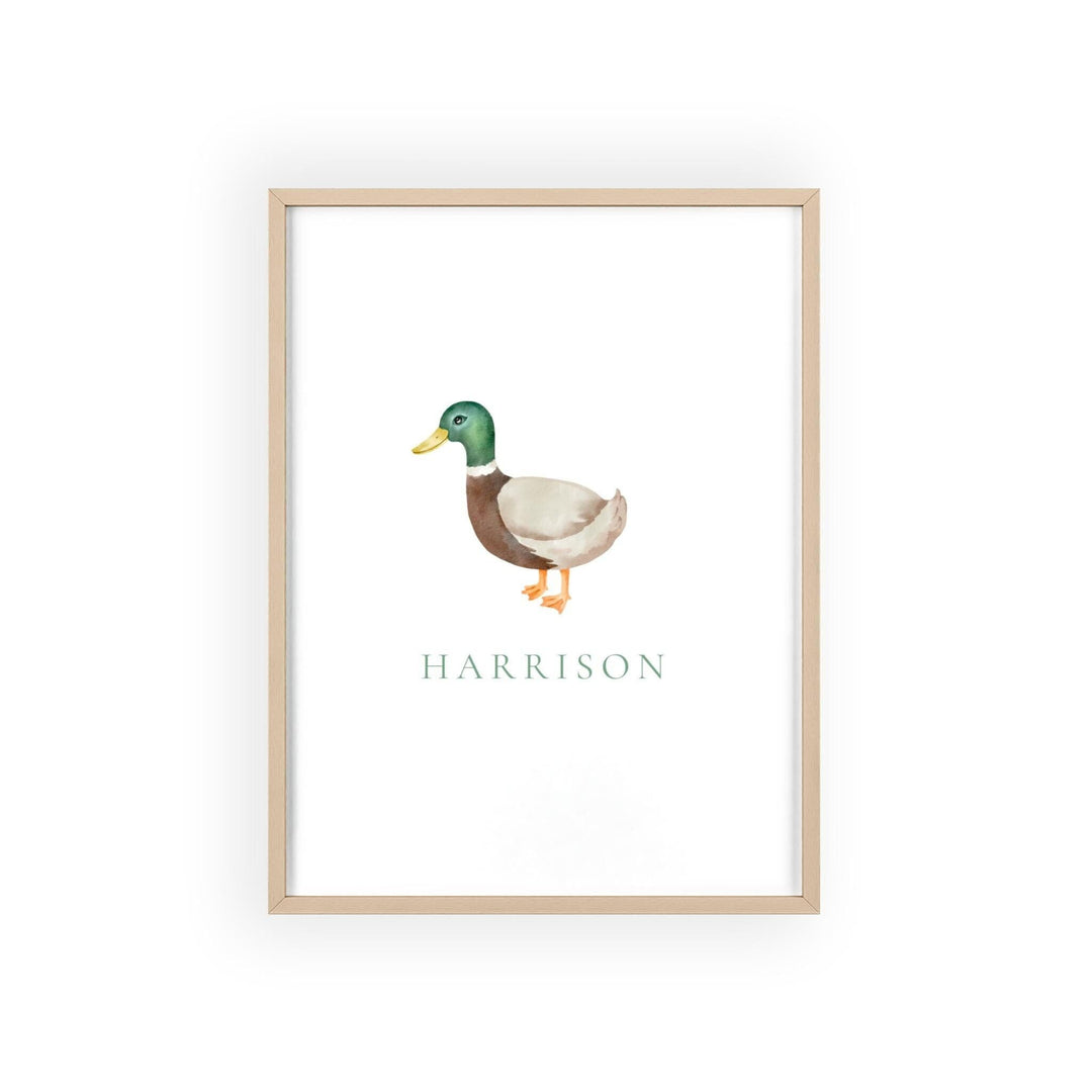 Personalized mallard duck graphic art print with wooden frame