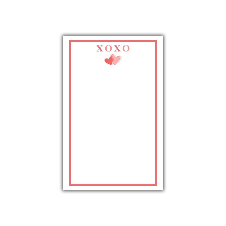 Romantic notepad for Valentine&#39;s Day with red border, pink heart graphic, and customizable name or &#39;XOXO&#39; text.