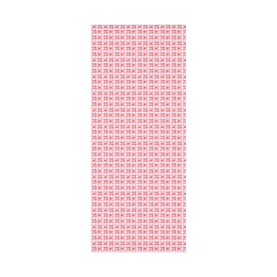 Happy valentines day wrapping paper on pink gingham background with pink hearts