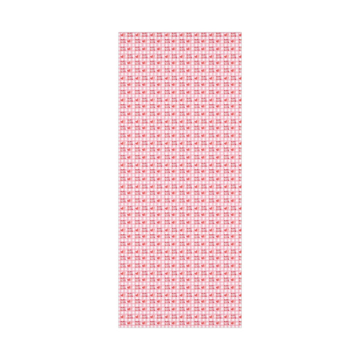 Happy valentines day wrapping paper on pink gingham background with pink hearts