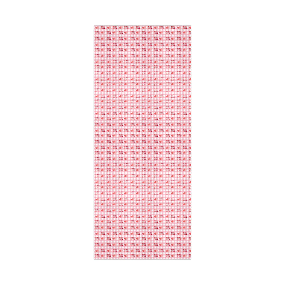 Happy valentines day wrapping paper on pink gingham background with pink hearts