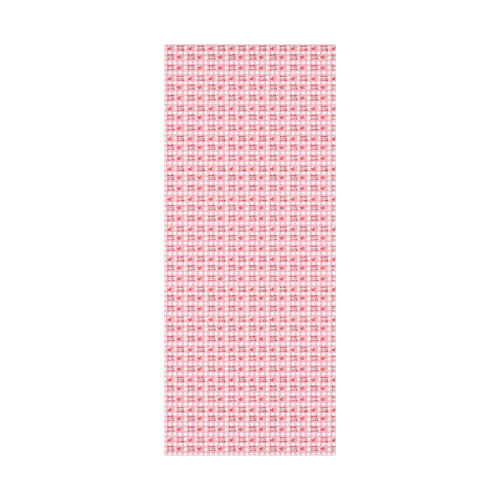 Happy valentines day wrapping paper on pink gingham background with pink hearts