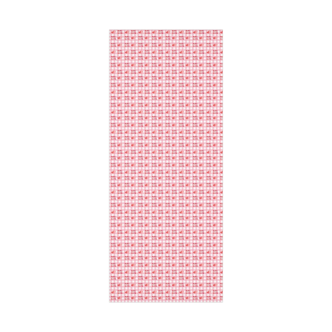 Happy valentines day wrapping paper on pink gingham background with pink hearts