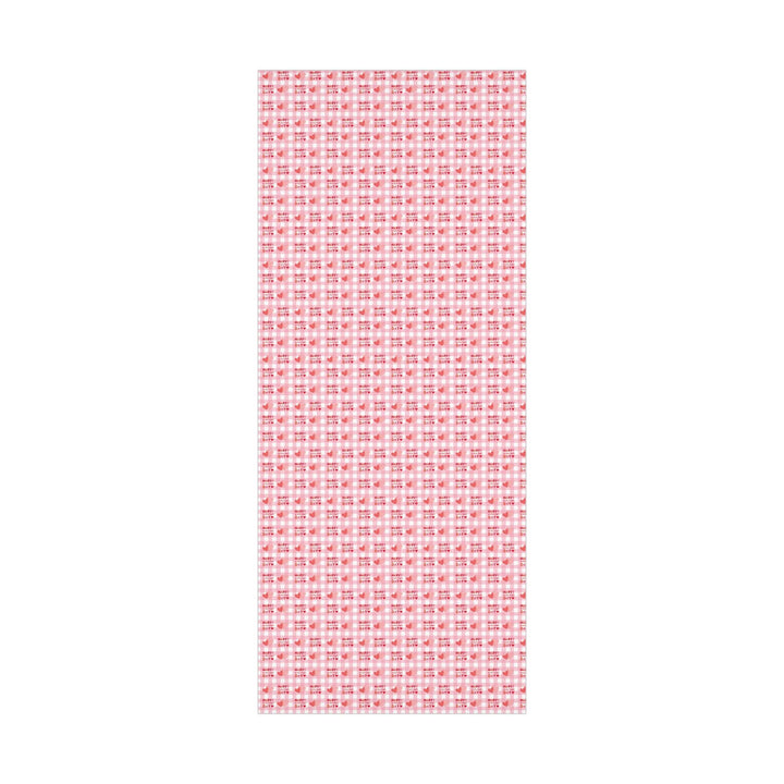 Happy valentines day wrapping paper on pink gingham background with pink hearts