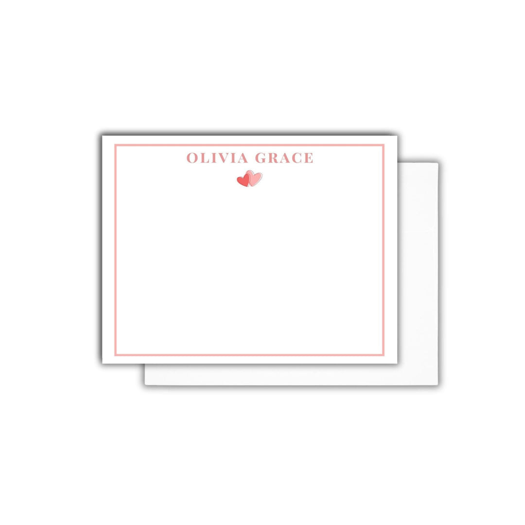 personalized valentines day notecard theme, custom name with pink heart graphic and pink border notecard