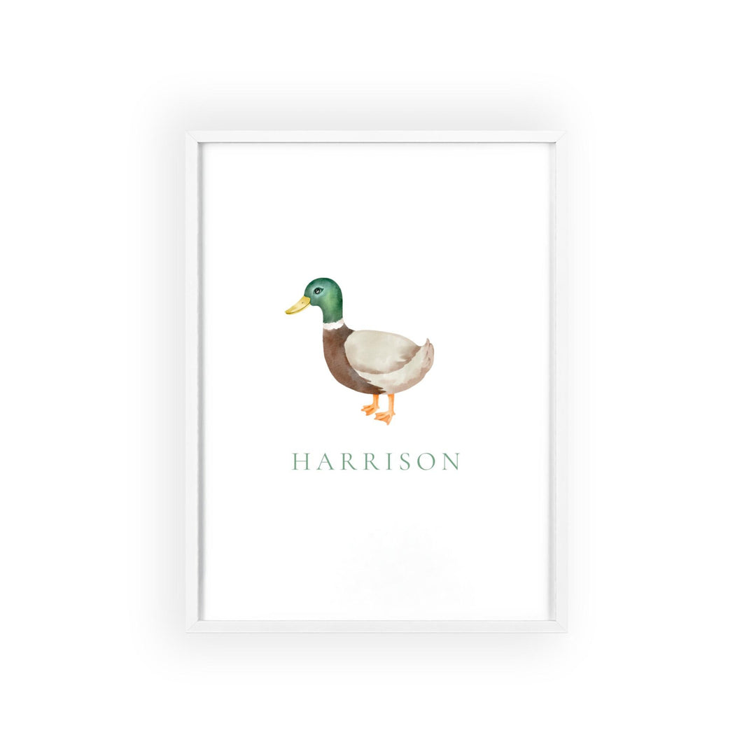 Personalized mallard duck graphic art print with wooden frame