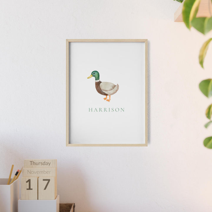 Personalized mallard duck graphic art print with wooden frame