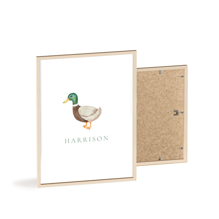Personalized mallard duck graphic art print with wooden frame