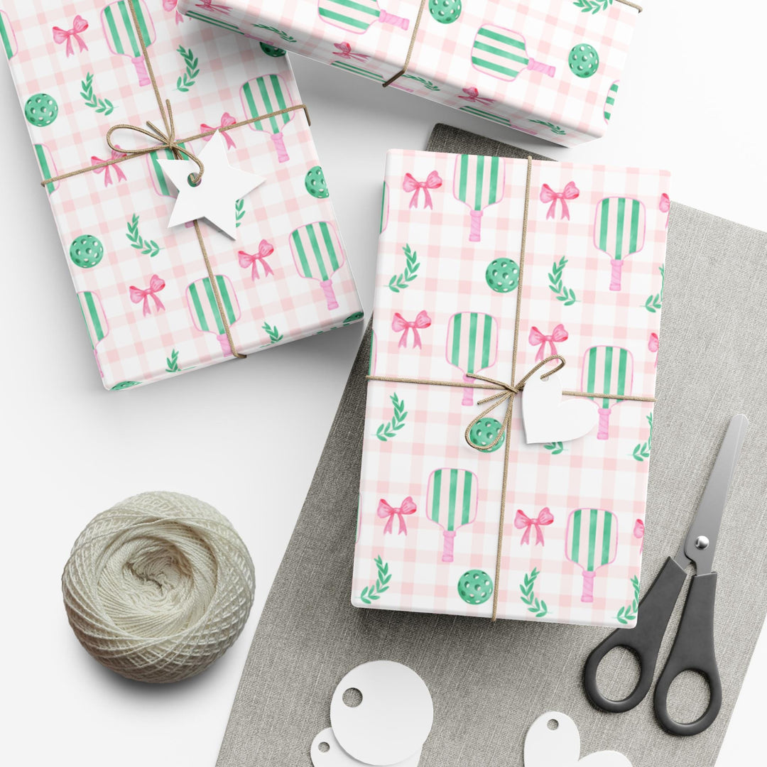 Pickleball Wrapping Paper Pink Gingham Gift Wrap with Bow | Pickleball Birthday Party, Sports Gift Wrap, Pickleball Themed Gifts