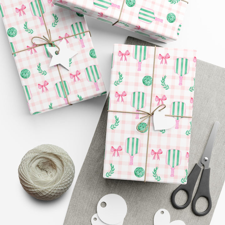 Pickleball Wrapping Paper Pink Gingham Gift Wrap with Bow | Pickleball Birthday Party, Sports Gift Wrap, Pickleball Themed Gifts
