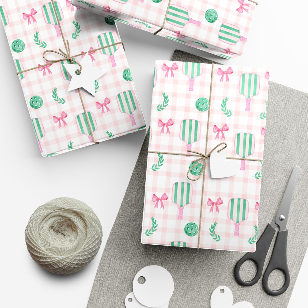 Pickleball Wrapping Paper Pink Gingham Gift Wrap with Bow | Pickleball Birthday Party, Sports Gift Wrap, Pickleball Themed Gifts