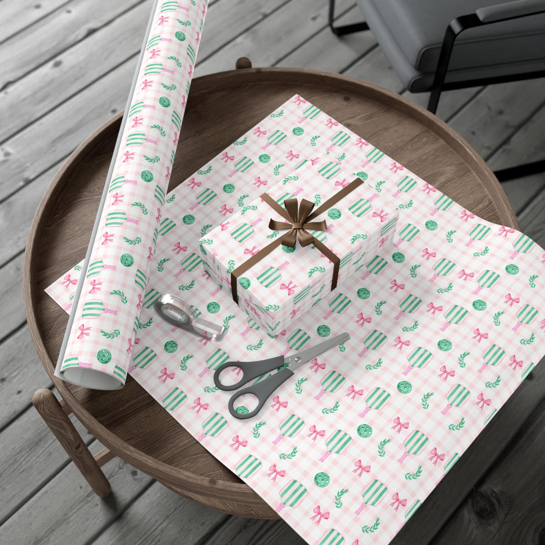 Pickleball Wrapping Paper Pink Gingham Gift Wrap with Bow | Pickleball Birthday Party, Sports Gift Wrap, Pickleball Themed Gifts