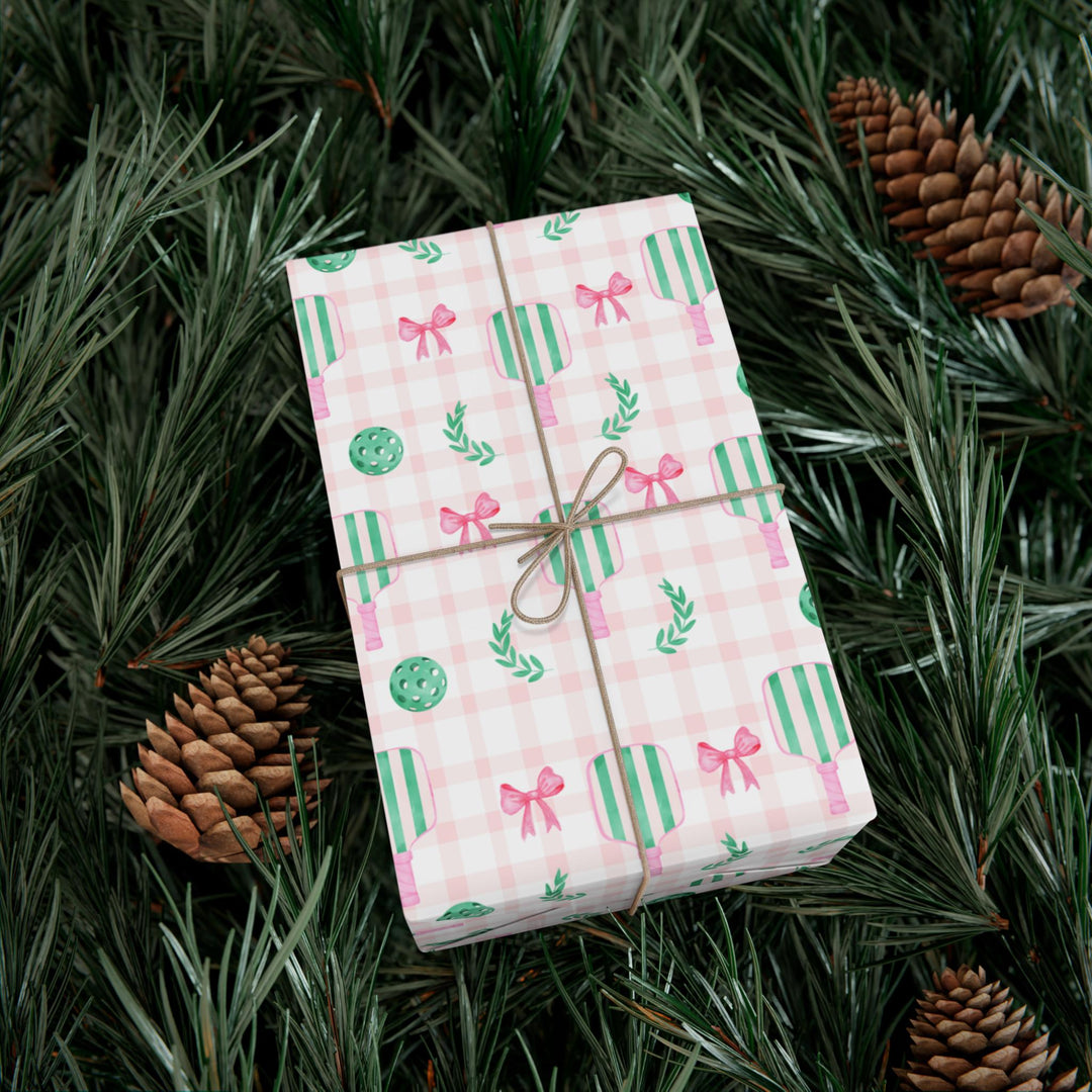 Pickleball Wrapping Paper Pink Gingham Gift Wrap with Bow | Pickleball Birthday Party, Sports Gift Wrap, Pickleball Themed Gifts