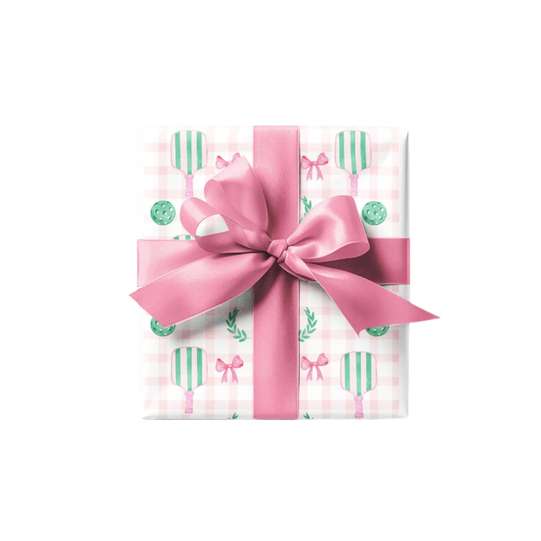 Pickleball Wrapping Paper Pink Gingham Gift Wrap with Bow | Pickleball Birthday Party, Sports Gift Wrap, Pickleball Themed Gifts