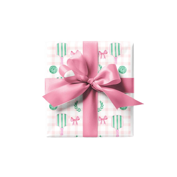 Pickleball Wrapping Paper Pink Gingham Gift Wrap with Bow | Pickleball Birthday Party, Sports Gift Wrap, Pickleball Themed Gifts
