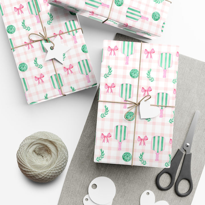 Pickleball Wrapping Paper Pink Gingham Gift Wrap with Bow | Pickleball Birthday Party, Sports Gift Wrap, Pickleball Themed Gifts