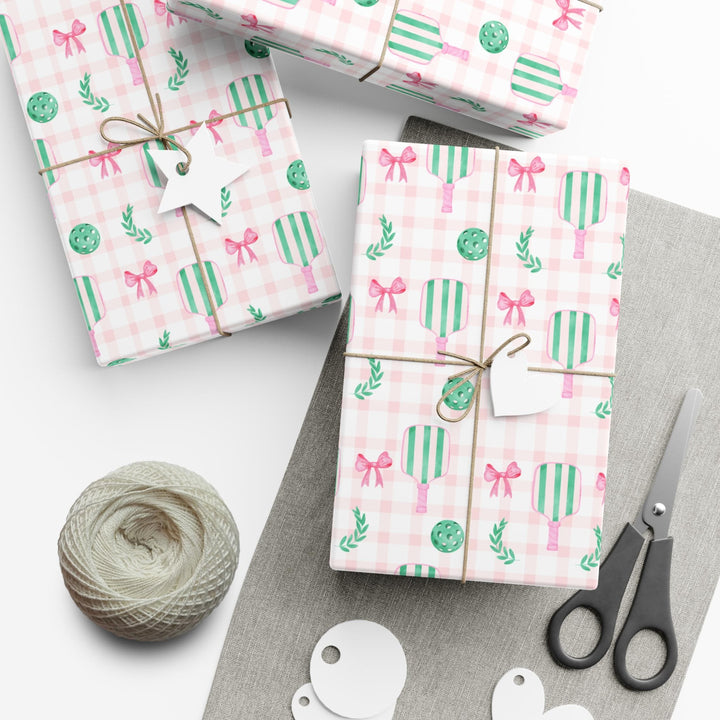 Pickleball Wrapping Paper Pink Gingham Gift Wrap with Bow | Pickleball Birthday Party, Sports Gift Wrap, Pickleball Themed Gifts
