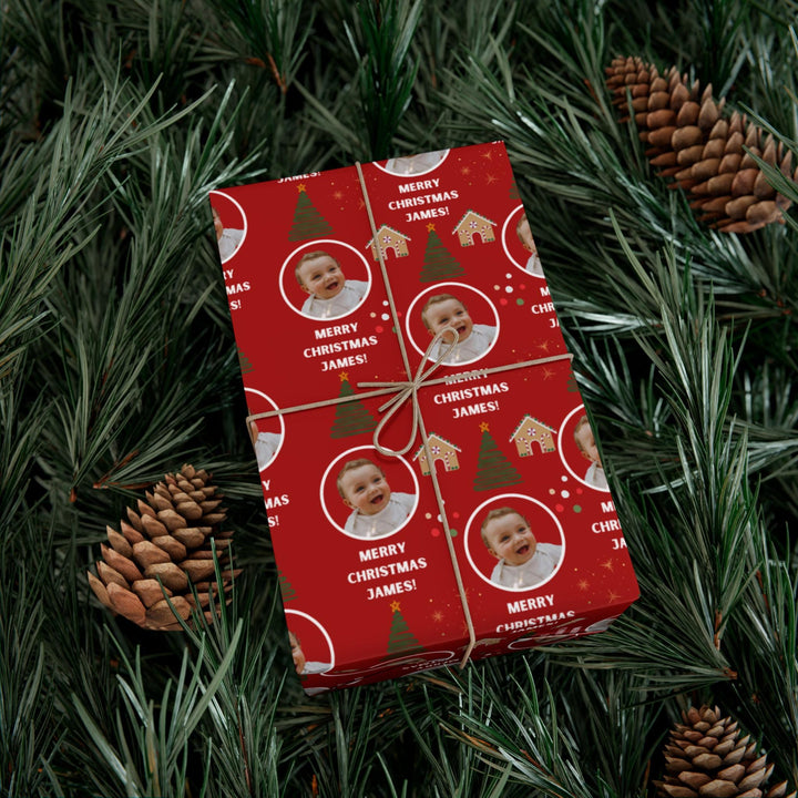 Custom Christmas Wrapping Paper Personalized Holiday Gift Wrap with Name, Gingerbread Tree Design, Dark Red Christmas Wrap