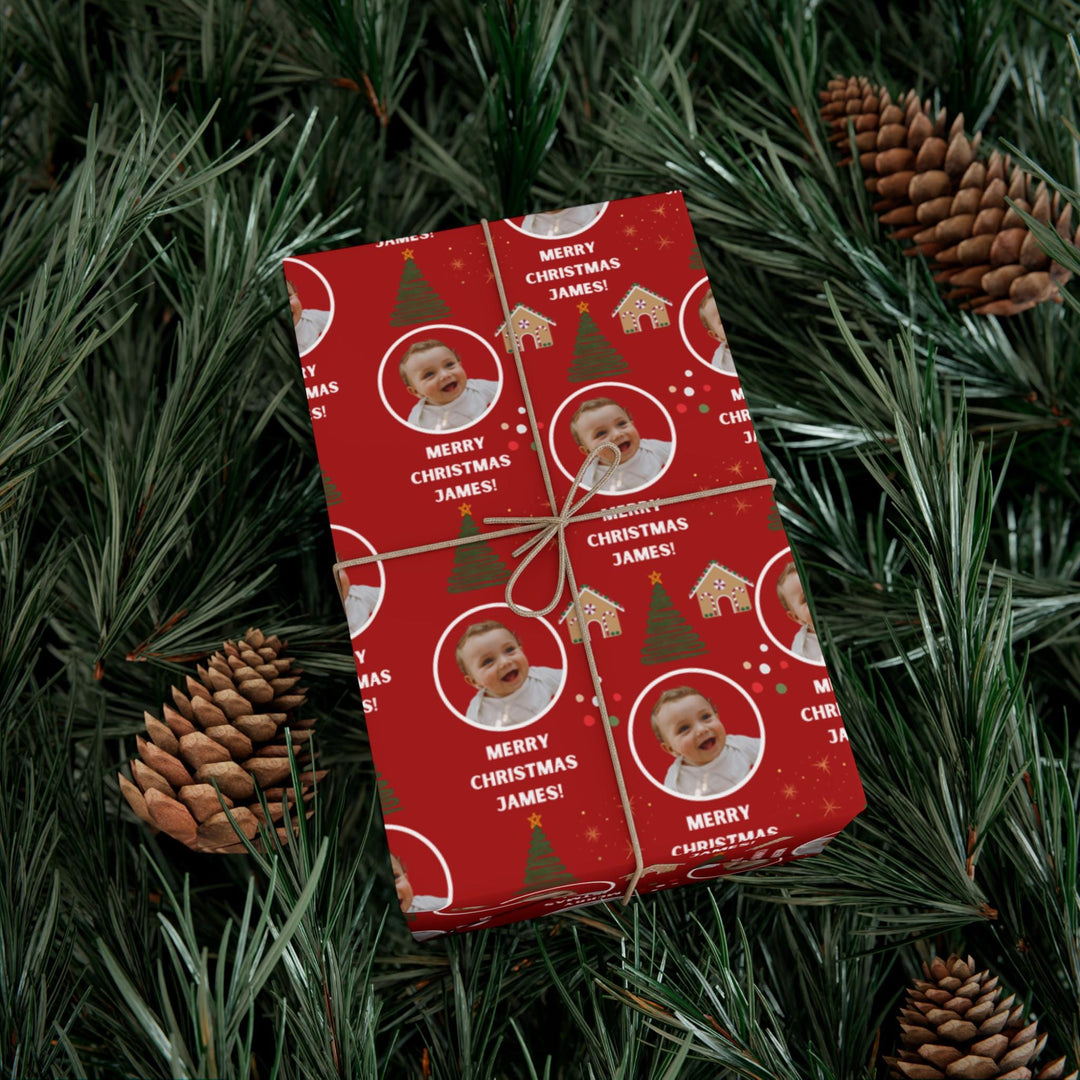 Custom Christmas Wrapping Paper Personalized Holiday Gift Wrap with Name, Gingerbread Tree Design, Dark Red Christmas Wrap