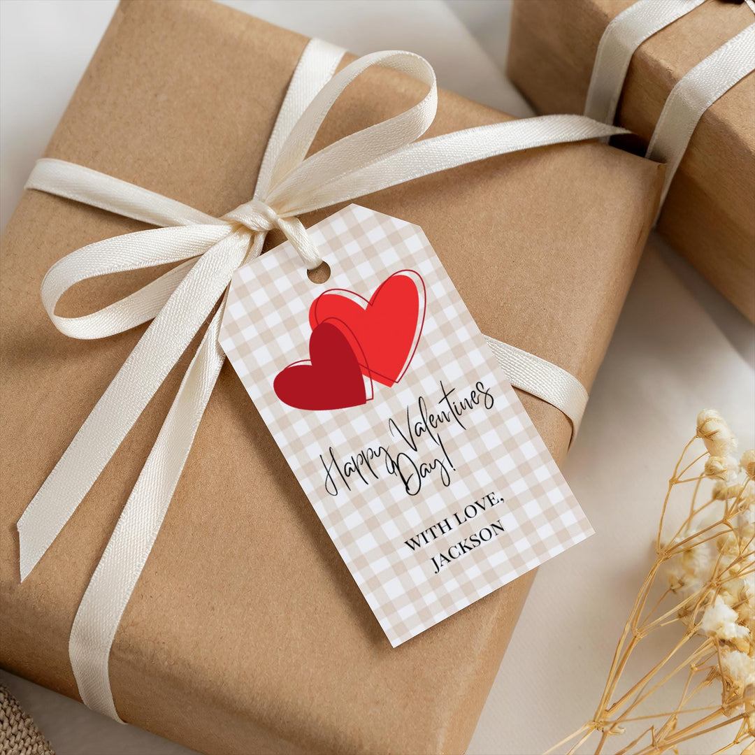 Beige Gingham Valentine's Day Gift Tags