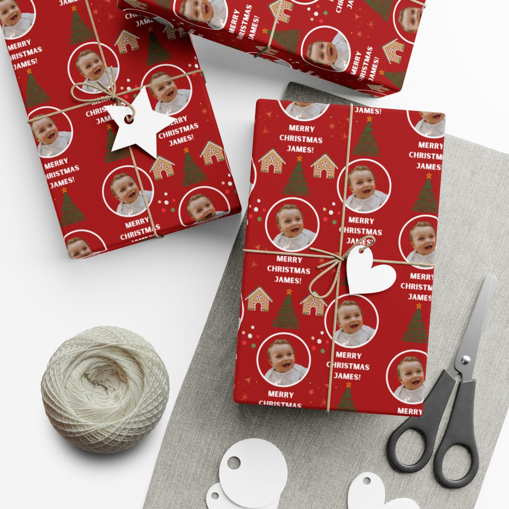 Custom Christmas Wrapping Paper Personalized Holiday Gift Wrap with Name, Gingerbread Tree Design, Dark Red Christmas Wrap