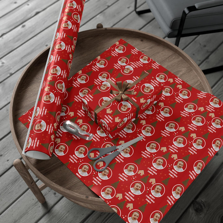 Custom Christmas Wrapping Paper Personalized Holiday Gift Wrap with Name, Gingerbread Tree Design, Dark Red Christmas Wrap