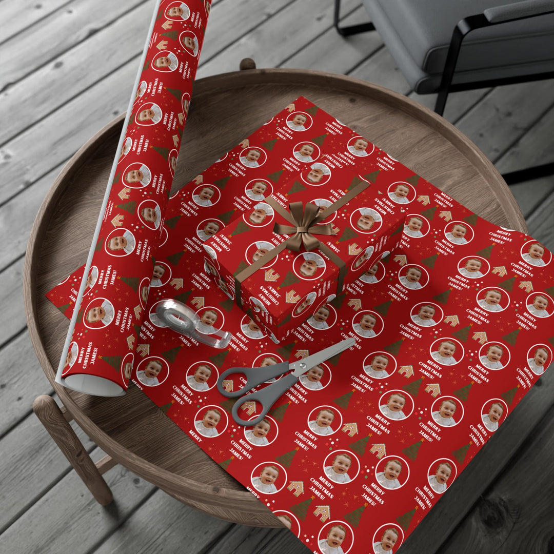 Custom Christmas Wrapping Paper Personalized Holiday Gift Wrap with Name, Gingerbread Tree Design, Dark Red Christmas Wrap