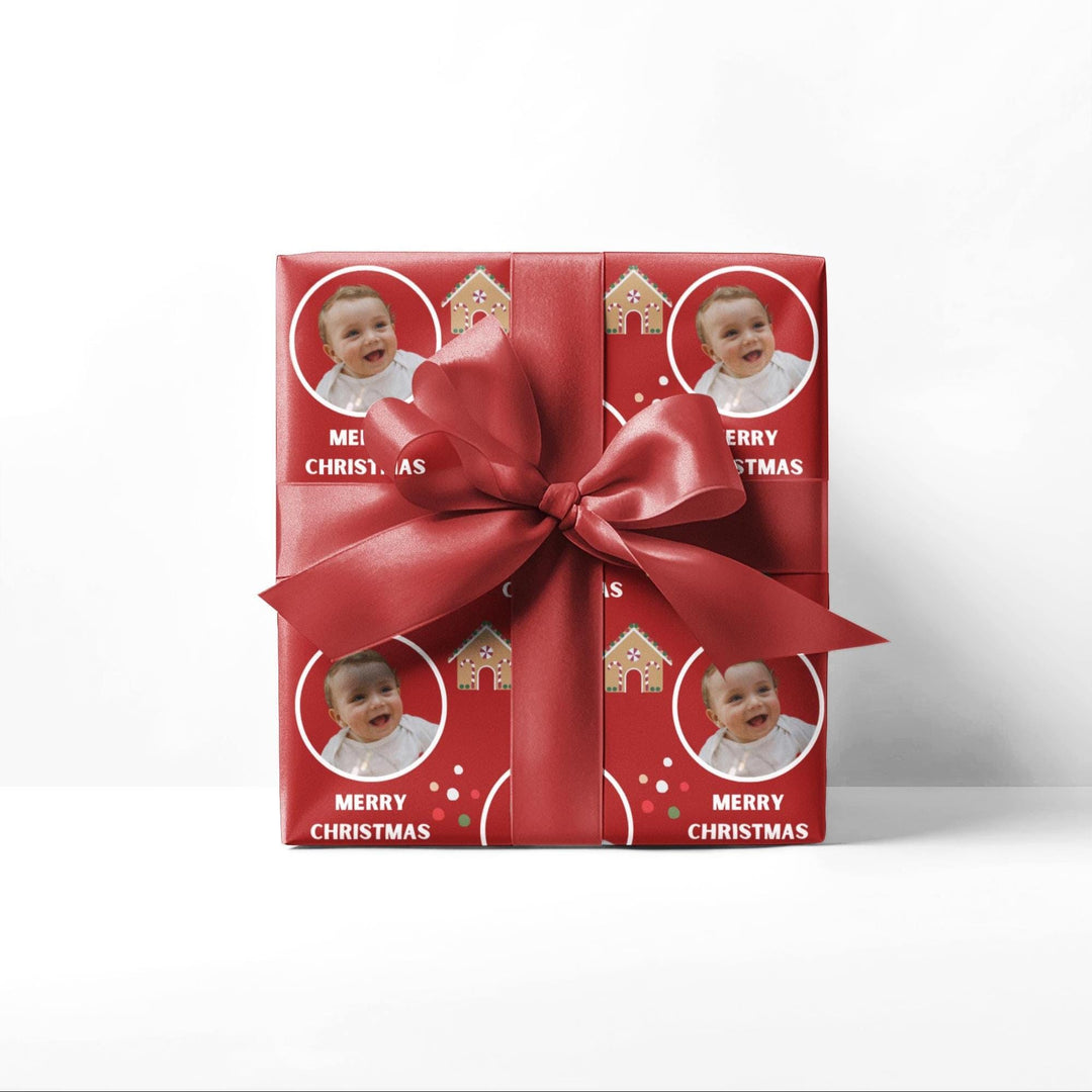 Custom Christmas Wrapping Paper Personalized Holiday Gift Wrap with Name, Gingerbread Tree Design, Dark Red Christmas Wrap