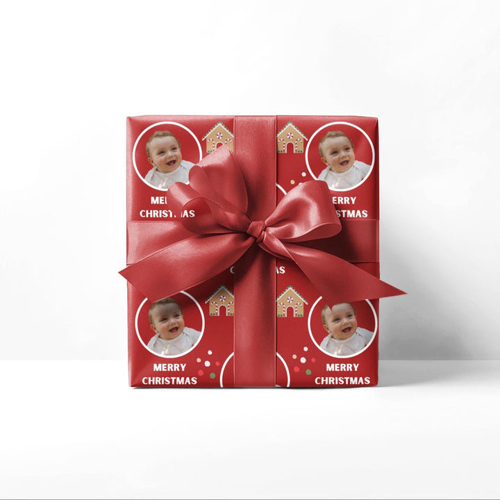 Custom Christmas Wrapping Paper Personalized Holiday Gift Wrap with Name, Gingerbread Tree Design, Dark Red Christmas Wrap