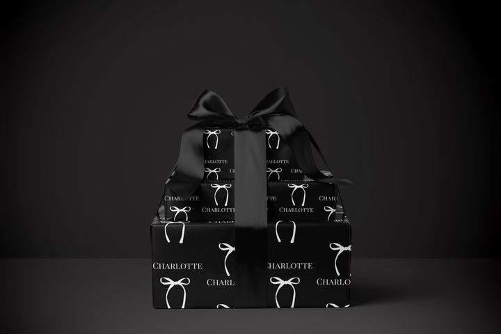 Personalized Black Wrapping Paper with White Bows