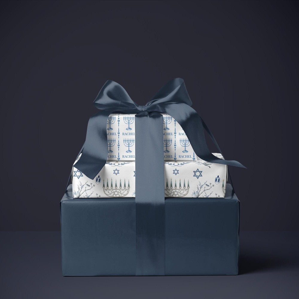 Personalized Hanukkah Wrapping Paper with Blue Menorahs
