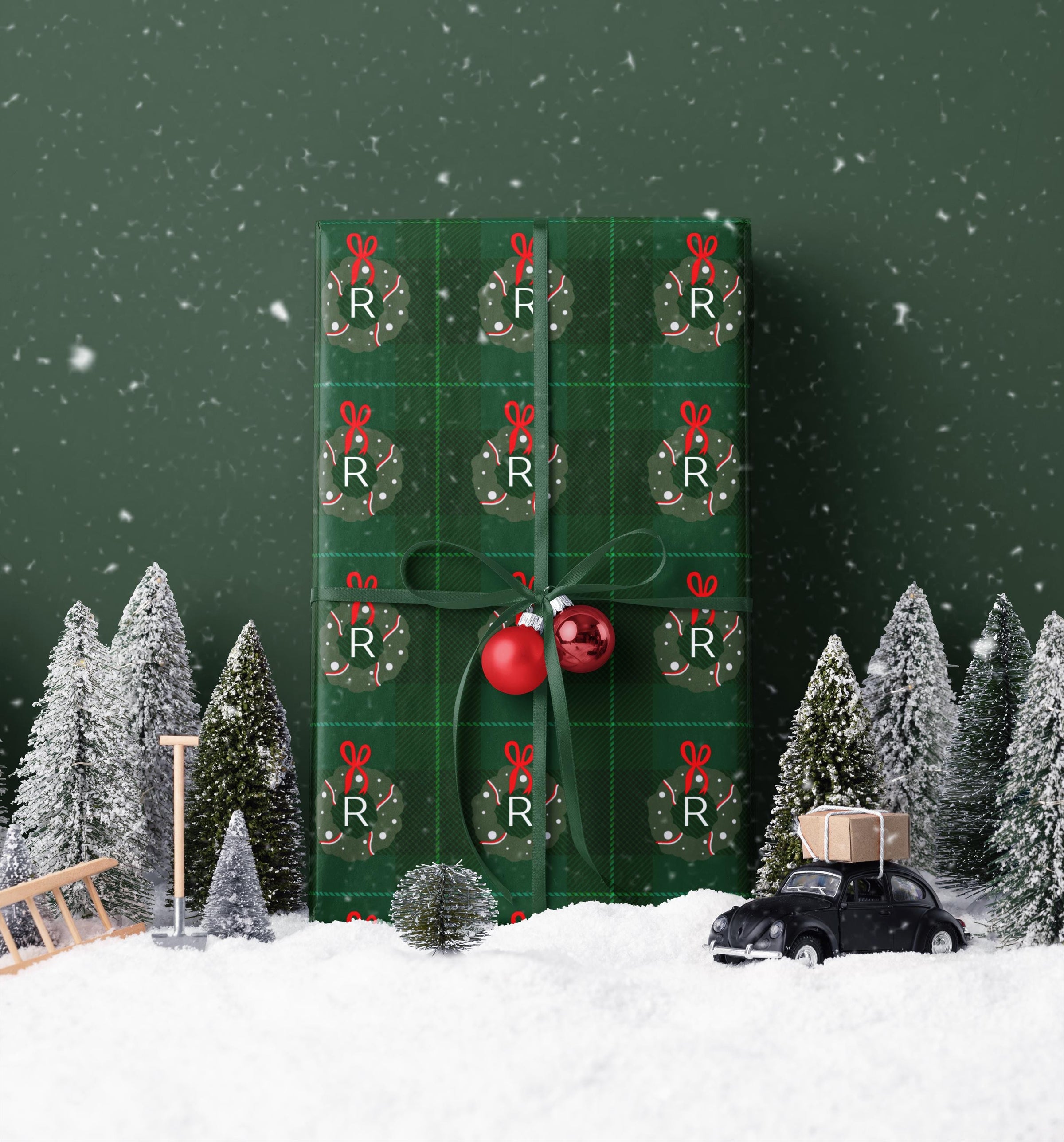 Christmas Wreath Initial Wrapping Paper, Holiday Gift Wrap, Festive Gift Packaging, Xmas Gift Wrap Roll, Wrapping Paper Roll