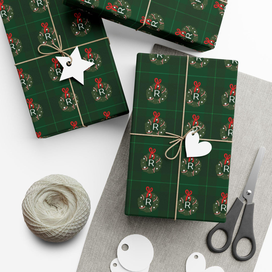 Christmas Wreath Initial Wrapping Paper, Holiday Gift Wrap, Festive Gift Packaging, Xmas Gift Wrap Roll, Wrapping Paper Roll