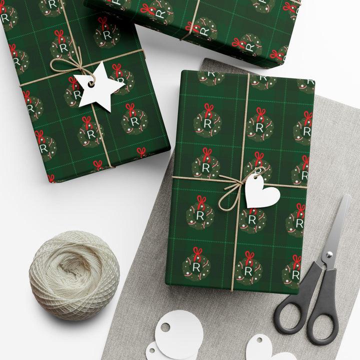 Christmas Wreath Initial Wrapping Paper, Holiday Gift Wrap, Festive Gift Packaging, Xmas Gift Wrap Roll, Wrapping Paper Roll
