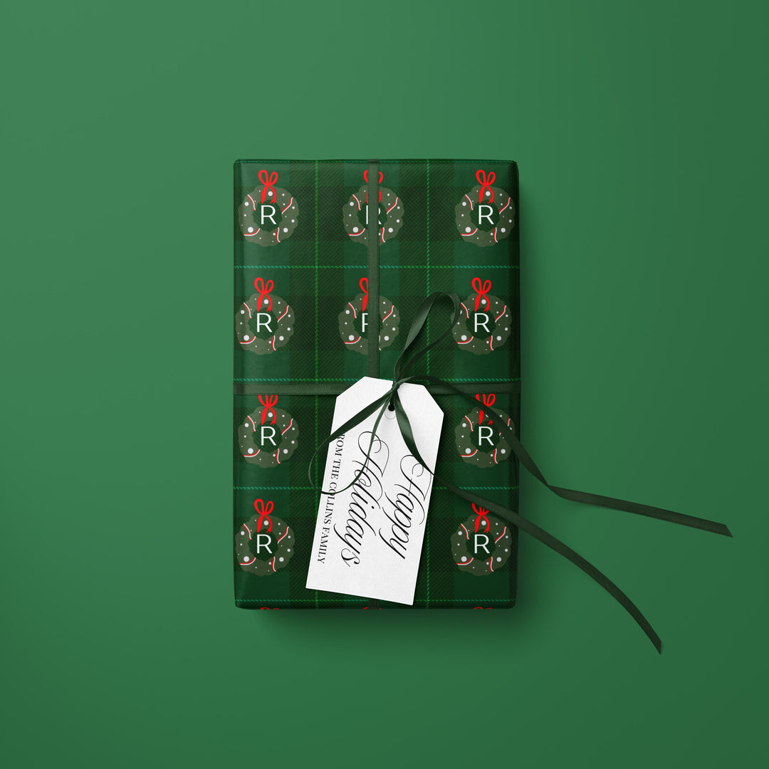 Christmas Wreath Initial Wrapping Paper, Holiday Gift Wrap, Festive Gift Packaging, Xmas Gift Wrap Roll, Wrapping Paper Roll