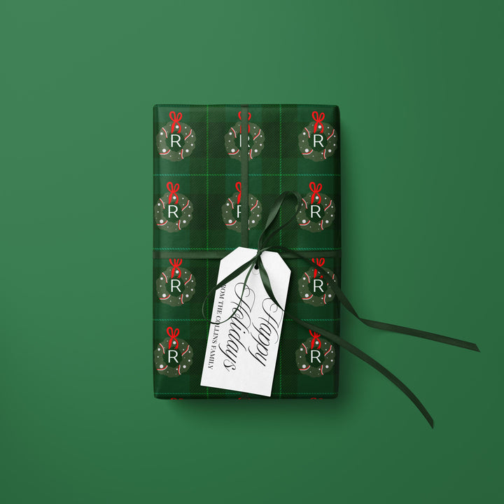 Christmas Wreath Initial Wrapping Paper, Holiday Gift Wrap, Festive Gift Packaging, Xmas Gift Wrap Roll, Wrapping Paper Roll
