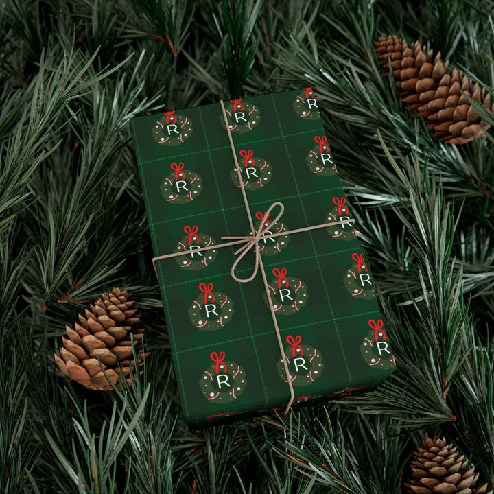 Christmas Wreath Initial Wrapping Paper, Holiday Gift Wrap, Festive Gift Packaging, Xmas Gift Wrap Roll, Wrapping Paper Roll