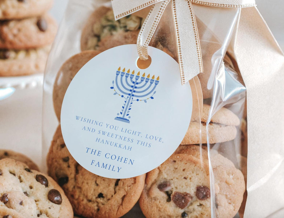 Personalized Hanukkah Gift Tags | Menorah Blue and Gold Hanukkah Tags | Custom Family Hanukkah Favor or Treat Tags