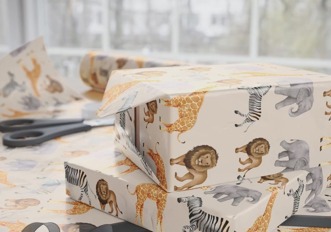 Safari Adventure Wrapping Paper | Elephant, Zebra, Lion & Giraffe Gift Wrap | Jungle Animal Birthday and Baby Shower Wrapping Paper